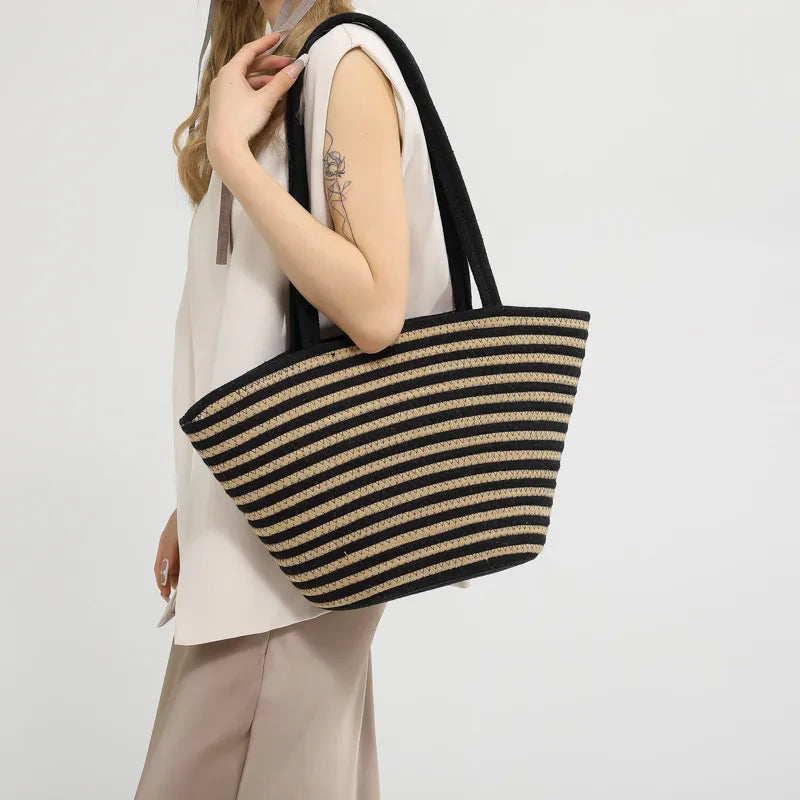Strohtasche mit Kontraststreifen ⎜ Geräumige Tragetasche für Frühling, Markt und Stadtbummel