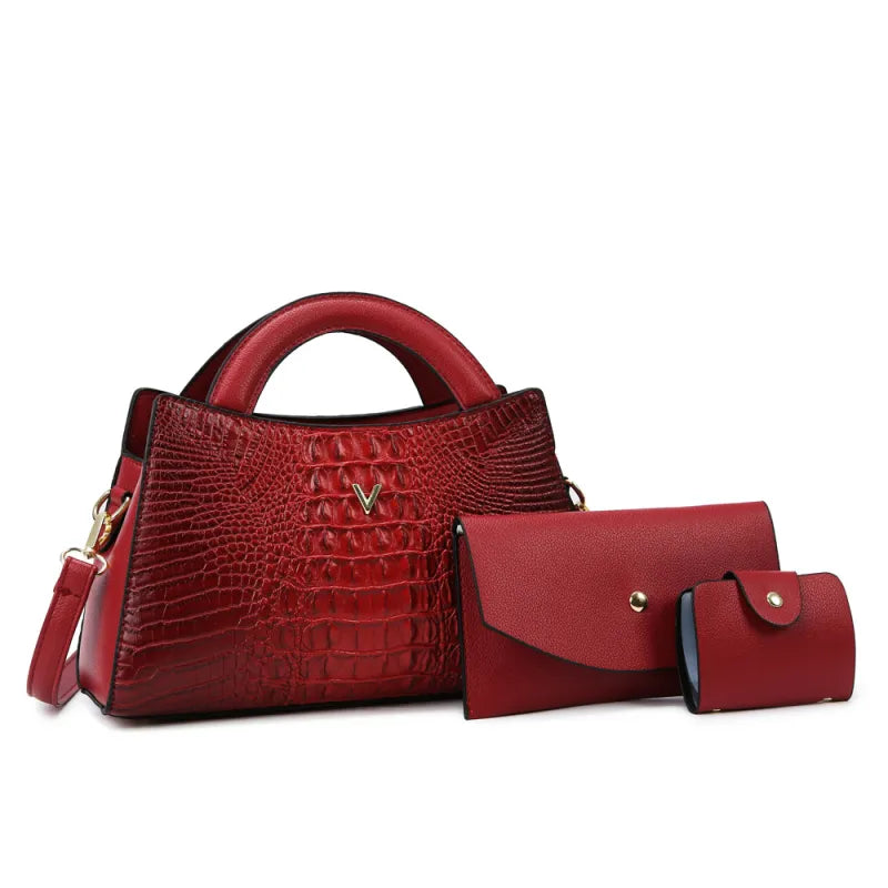 Damen Schultertasche in Lederoptik ⎜ Elegante Handtasche mit Krokoprägung und passendem Portemonnaie