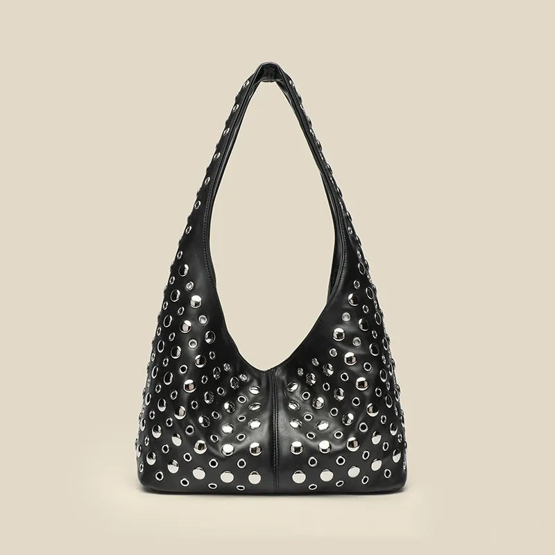 Damen Umhängetasche mit Nieten ⎜ Modische Schultertasche mit Metallic-Akzenten für trendige Looks