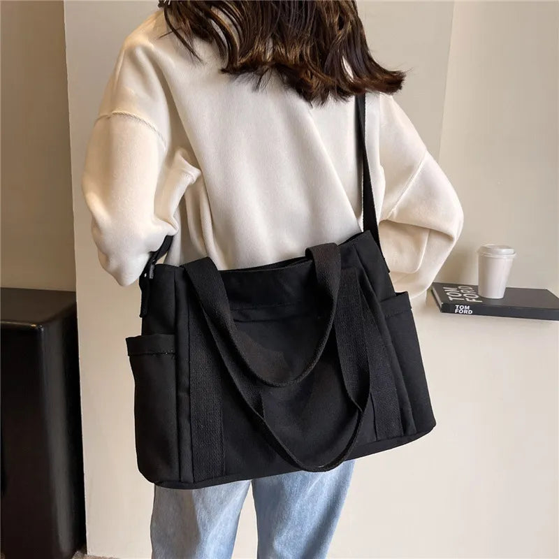 Schultertasche aus Leinenoptik ⎜ Robuste Tragetasche mit praktischem Mehrfachgriff-System