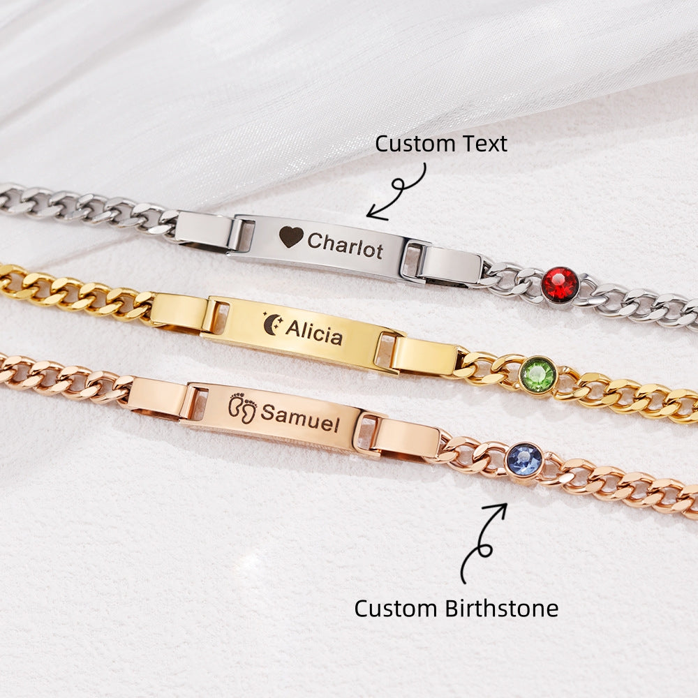 Graviertes Armband ⎜ Personalisierbares Edelstahlband mit Namensgravur und Geburtsstein für besondere Momente