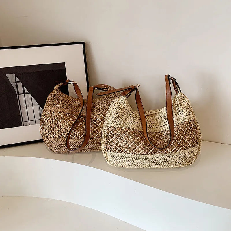 Große Strohtasche für Damen ⎜ Lässige Schultertasche mit weichem Griff für Sommer, Strand und Stadt