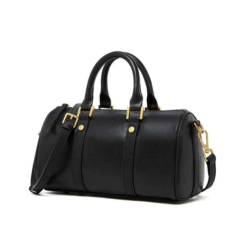 Retro Umhängetasche für Damen ⎜ Runde Handtasche in Lederoptik mit goldenen Details und stabilem Gurt