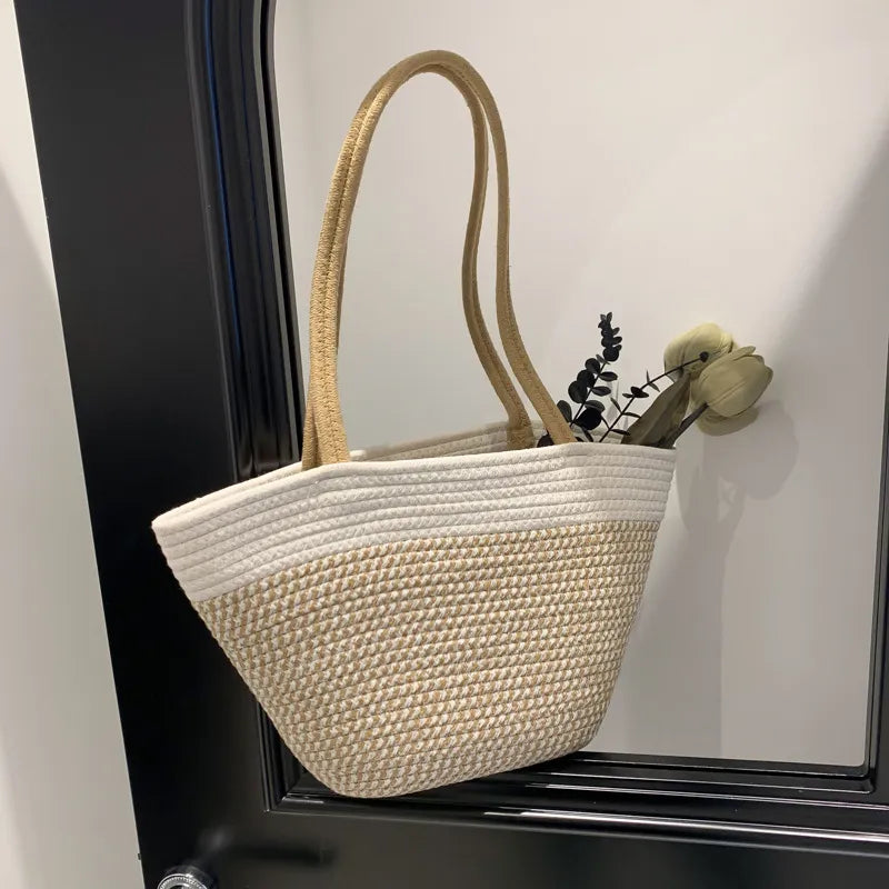 Strohtasche mit Kontraststreifen ⎜ Geräumige Tragetasche für Frühling, Markt und Stadtbummel