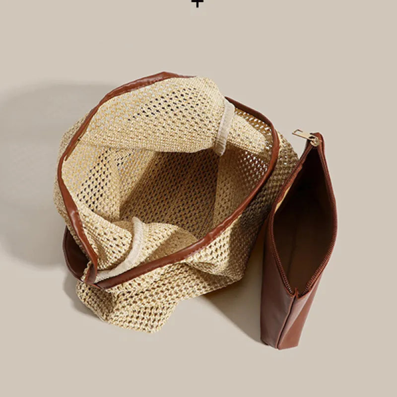 Strohtasche mit Kunstlederriemen ⎜ Geräumige Tragetasche im Retro-Look für Strand und Freizeit