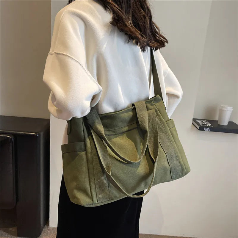 Schultertasche aus Leinenoptik ⎜ Robuste Tragetasche mit praktischem Mehrfachgriff-System
