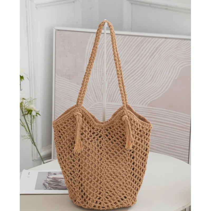 Geflochtene Schultertasche für Damen ⎜ Handgemachte Häkeltasche aus Baumwolle für Strand und Alltag