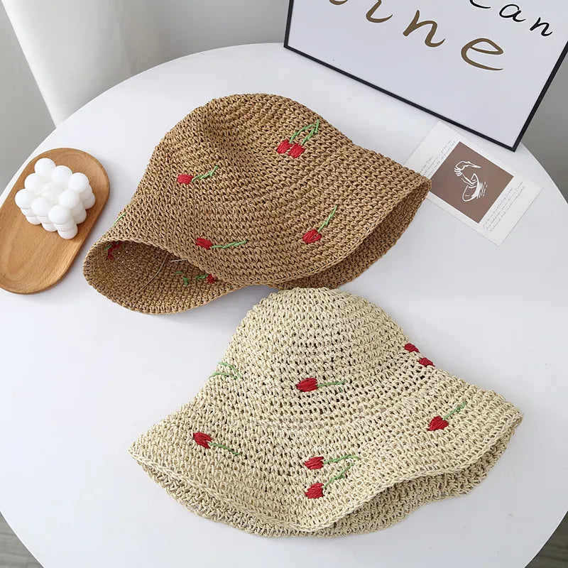Fischerhut mit Tulpenstickerei für Damen ⎜ Leichter Sommerhut mit gewelltem Rand für Urlaub und Freizeit