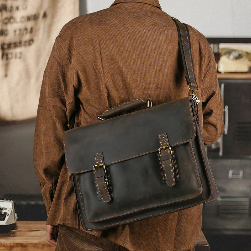 Laptoptasche aus Echtleder für Herren ⎜ Robuste Schultertasche mit Retro-Design für Büro und Freizeit