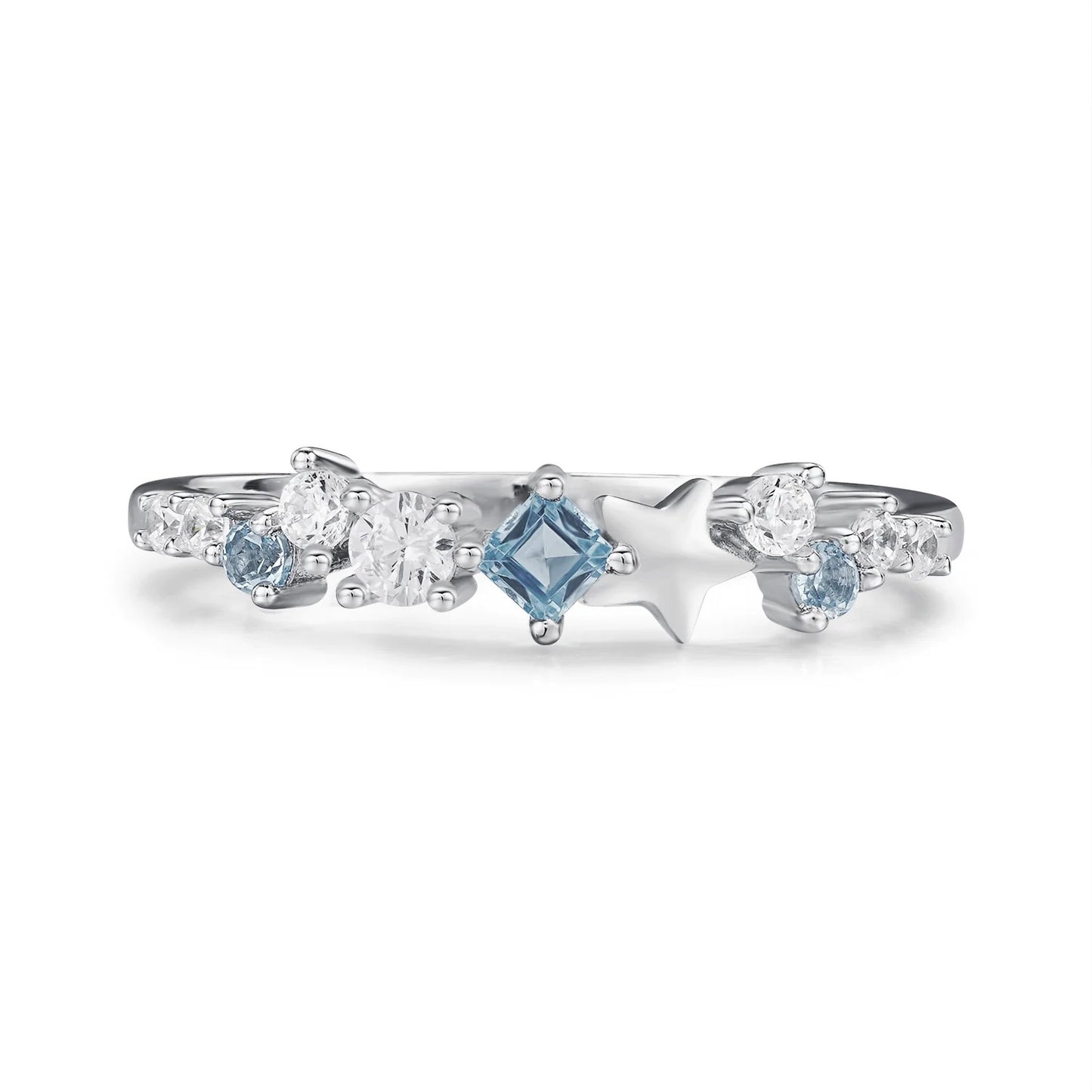 Moderner Ring aus Sterling Silber ⎜ Filigraner Ring mit weißen und blauen Zirkonia sowie Sternmotiv für elegante Akzente