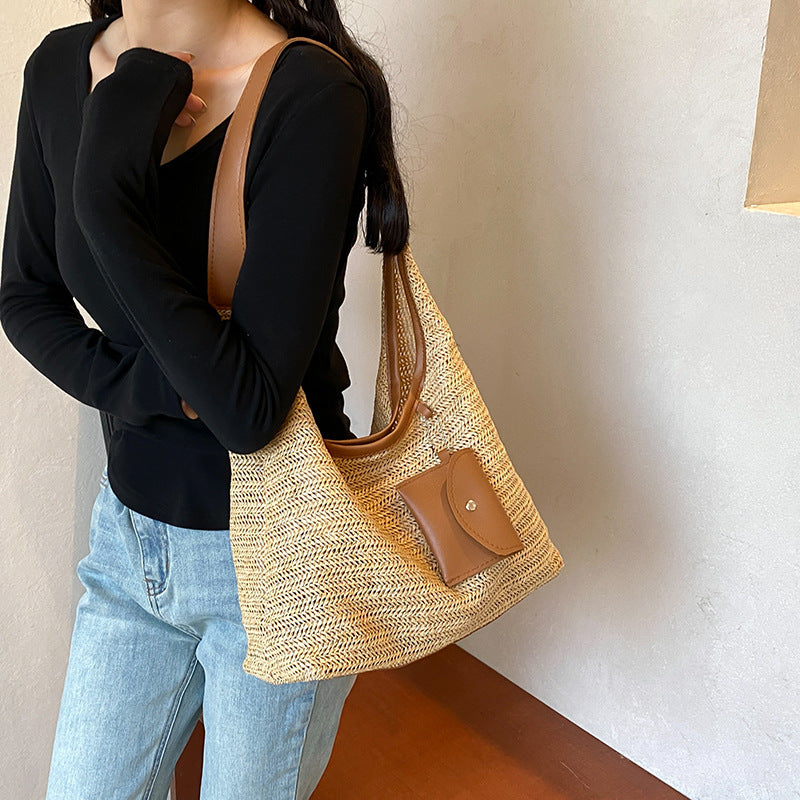 Strandtasche für Damen ⎜ Bunte Tragetasche mit Häkeldesign und Lederdetails für Freizeit und Urlaub