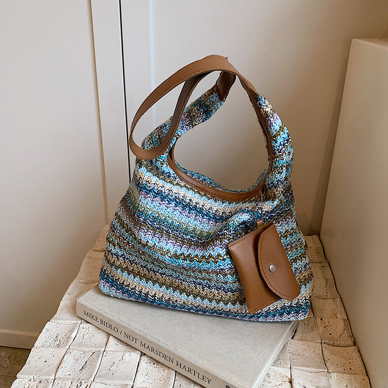 Strandtasche für Damen ⎜ Bunte Tragetasche mit Häkeldesign und Lederdetails für Freizeit und Urlaub