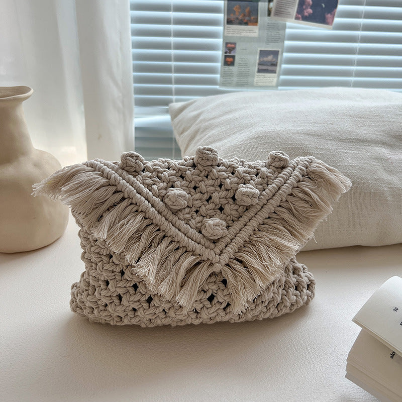 Damen Umhängetasche aus Baumwollgarn ⎜ Handgefertigte Schultertasche mit Fransen für Freizeit und Sommer