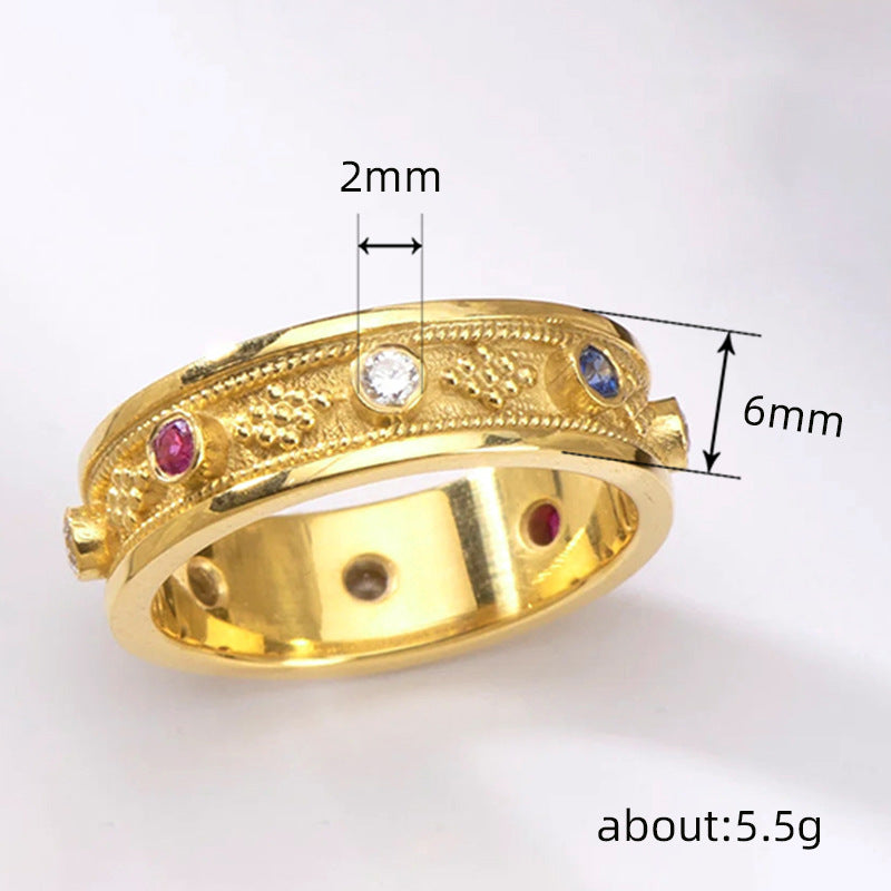 Zirkonia Ring für Damen ⎜ Vergoldeter Bandring mit bunten Steinen und geometrischem Muster im edlen Stil