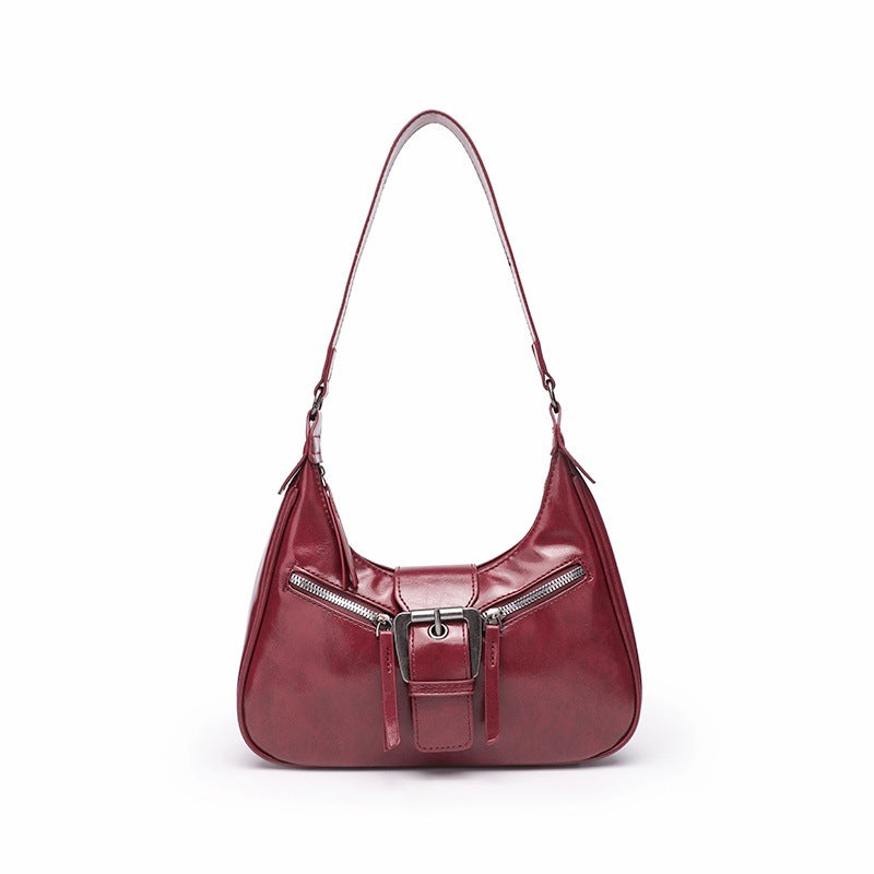 Retro Schultertasche für Damen ⎜ Robuste Umhängetasche in Biker-Optik mit dekorativer Schnalle