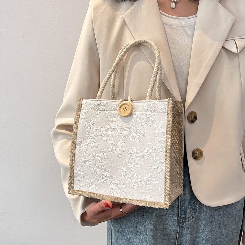 Damen Tragetasche mit Blumenmuster ⎜ Leichte Stofftasche mit Kordelgriffen und Knopfverschluss für den Alltag