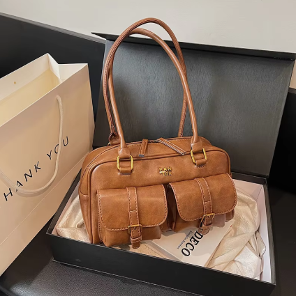 Vintage Schultertasche für Damen ⎜ Große Ledertasche mit Fronttaschen und praktischem Reißverschluss