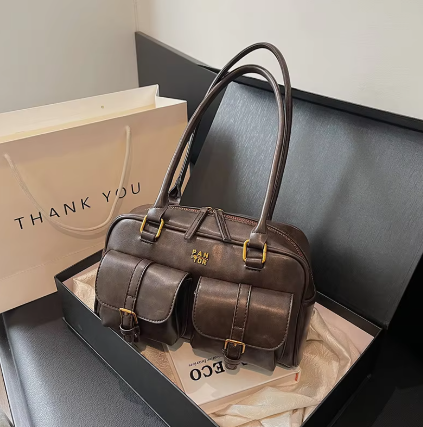 Vintage Schultertasche für Damen ⎜ Große Ledertasche mit Fronttaschen und praktischem Reißverschluss
