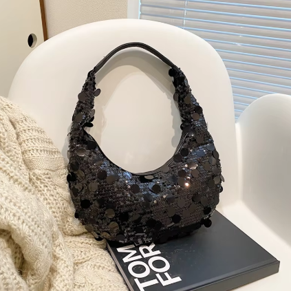 Glitzertasche für Damen ⎜ Auffällige Halbmondtasche mit Pailletten für Partys und besondere Anlässe