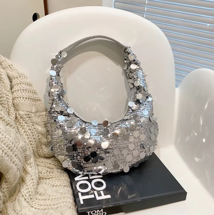 Glitzertasche für Damen ⎜ Auffällige Halbmondtasche mit Pailletten für Partys und besondere Anlässe