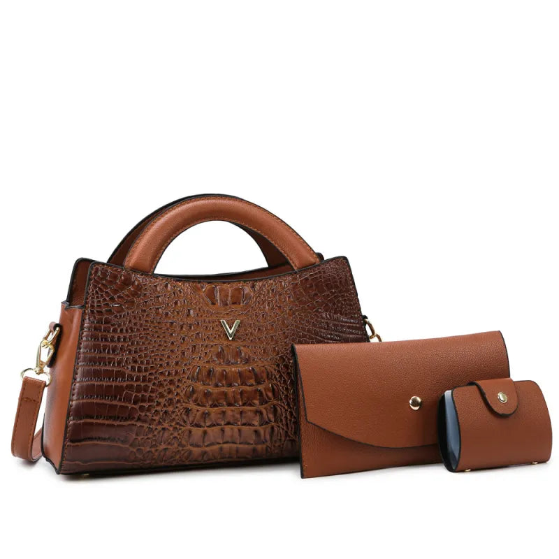 Damen Schultertasche in Lederoptik ⎜ Elegante Handtasche mit Krokoprägung und passendem Portemonnaie