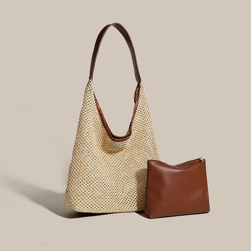 Strohtasche mit Kunstlederriemen ⎜ Geräumige Tragetasche im Retro-Look für Strand und Freizeit