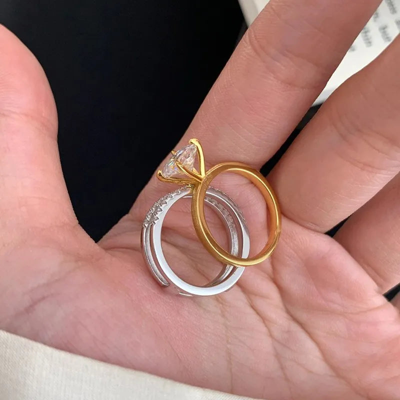 Damenring im 2-in-1-Design ⎜ Eleganter Zirkonia-Ring mit gebürsteter Oberfläche für luxuriöse Kombinationen