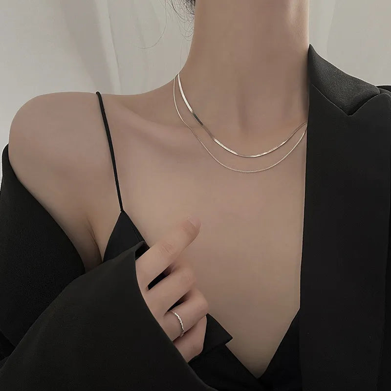 Damen Halskette aus 925 Silber ⎜ Doppellagige Schlangenkette im eleganten Minimal-Stil für jeden Anlass