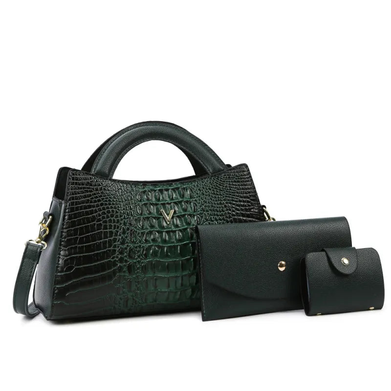 Damen Schultertasche in Lederoptik ⎜ Elegante Handtasche mit Krokoprägung und passendem Portemonnaie