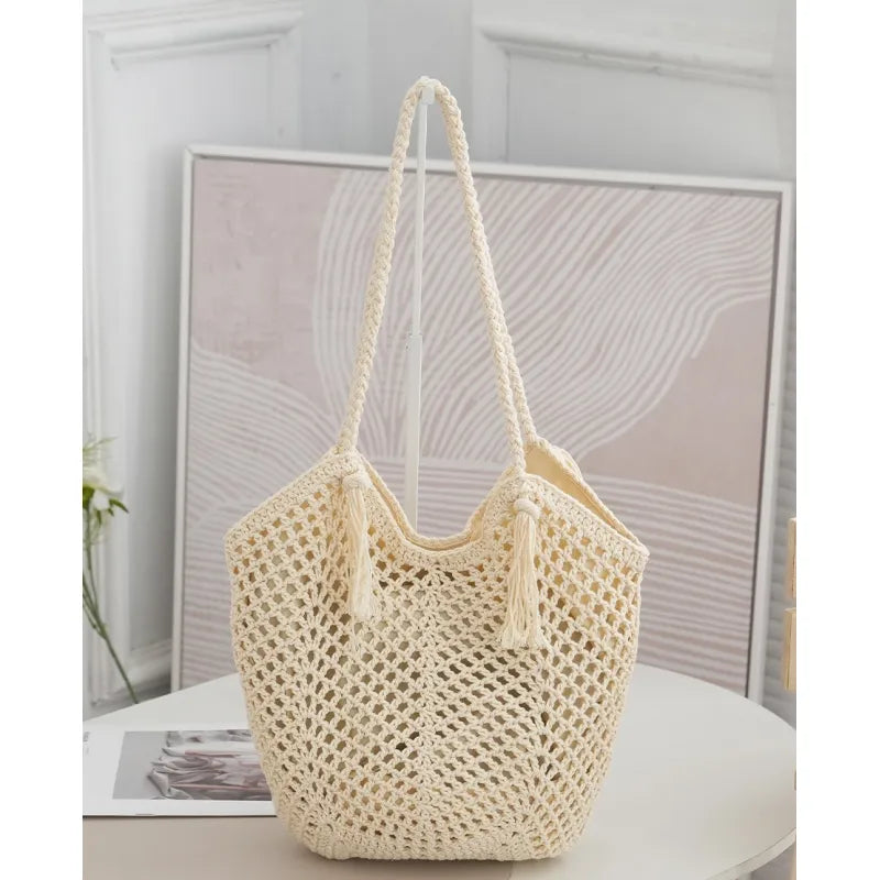 Geflochtene Schultertasche für Damen ⎜ Handgemachte Häkeltasche aus Baumwolle für Strand und Alltag