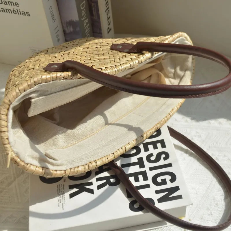 Vintage Einkaufstasche ⎜ Handgeflochtene Korbtasche mit Ledergriffen für Markt und Strand