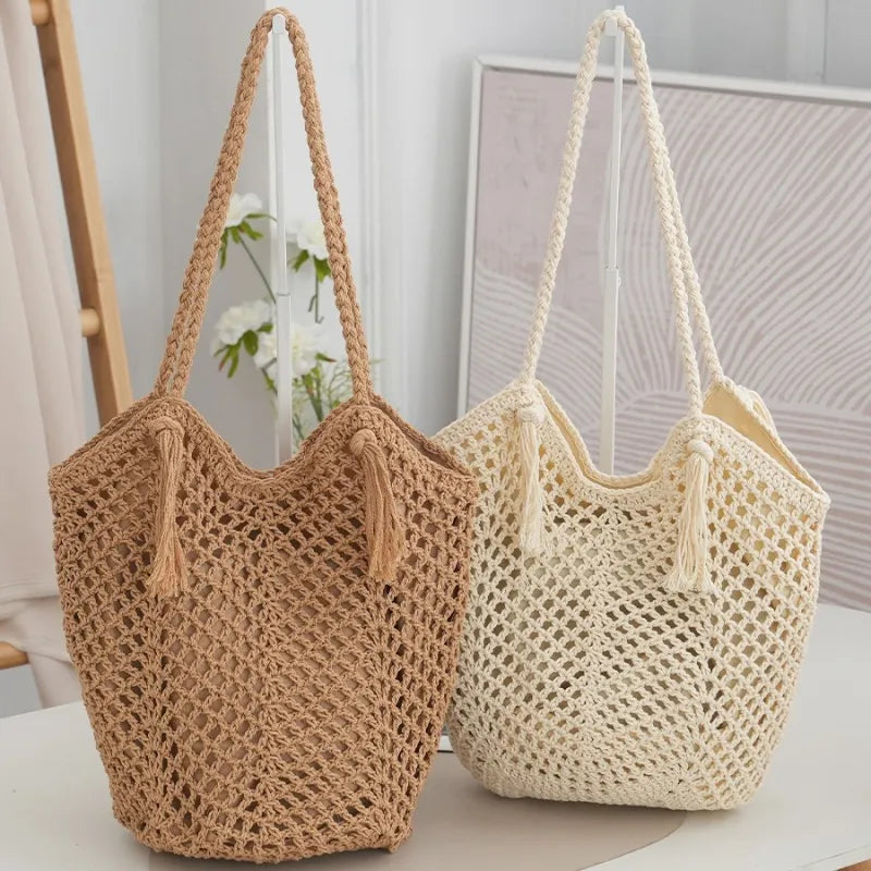Geflochtene Schultertasche für Damen ⎜ Handgemachte Häkeltasche aus Baumwolle für Strand und Alltag