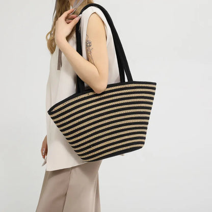 Strohtasche mit Kontraststreifen ⎜ Geräumige Tragetasche für Frühling, Markt und Stadtbummel