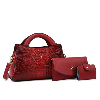 Damen Schultertasche in Lederoptik ⎜ Elegante Handtasche mit Krokoprägung und passendem Portemonnaie