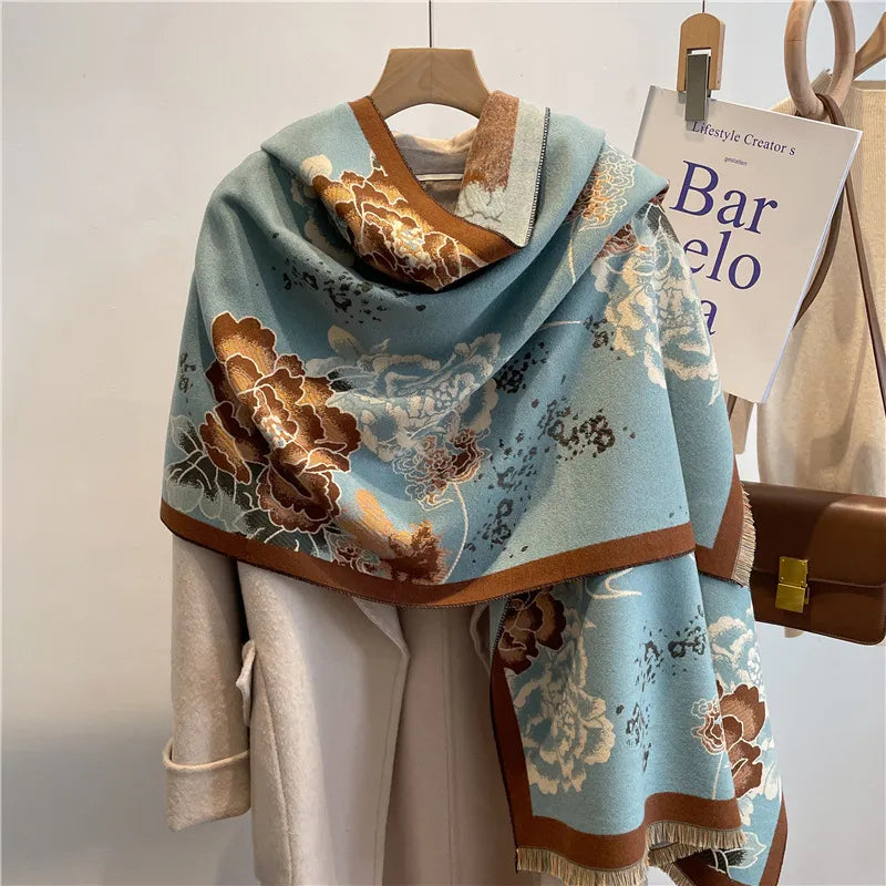 Kaschmirimitat-Schal mit Blumenprint ⎜ Warmer Fransen-Schal für stilvolle Wintermomente