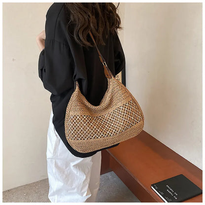 Große Strohtasche für Damen ⎜ Lässige Schultertasche mit weichem Griff für Sommer, Strand und Stadt