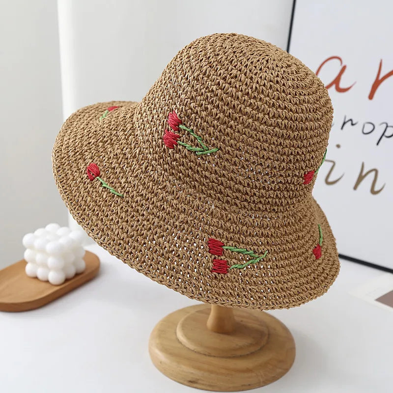 Fischerhut mit Tulpenstickerei für Damen ⎜ Leichter Sommerhut mit gewelltem Rand für Urlaub und Freizeit
