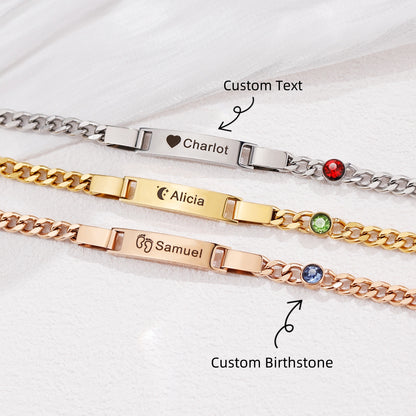 Graviertes Armband ⎜ Personalisierbares Edelstahlband mit Namensgravur und Geburtsstein für besondere Momente