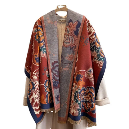 Kaschmirimitat-Schal mit Blumenprint ⎜ Warmer Fransen-Schal für stilvolle Wintermomente