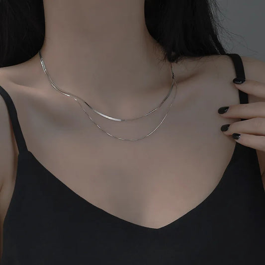 Damen Halskette aus 925 Silber ⎜ Doppellagige Schlangenkette im eleganten Minimal-Stil für jeden Anlass