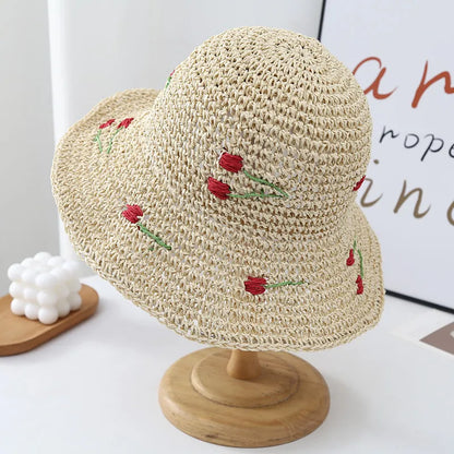 Fischerhut mit Tulpenstickerei für Damen ⎜ Leichter Sommerhut mit gewelltem Rand für Urlaub und Freizeit