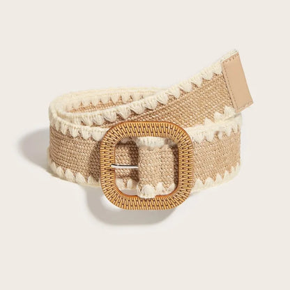 Breiter Strohgürtel mit Holzschließe ⎜ Elastisches Accessoire für Kleider, Urlaub und Strand