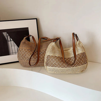Große Strohtasche für Damen ⎜ Lässige Schultertasche mit weichem Griff für Sommer, Strand und Stadt