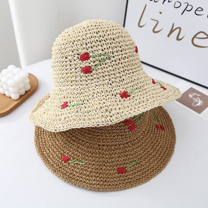 Fischerhut mit Tulpenstickerei für Damen ⎜ Leichter Sommerhut mit gewelltem Rand für Urlaub und Freizeit