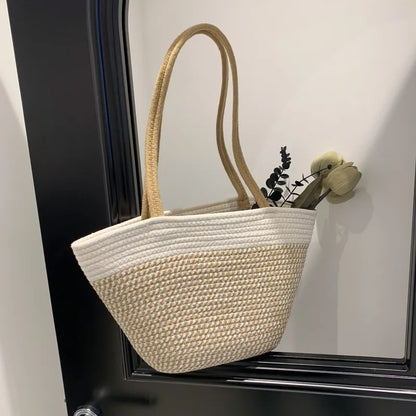 Strohtasche mit Kontraststreifen ⎜ Geräumige Tragetasche für Frühling, Markt und Stadtbummel