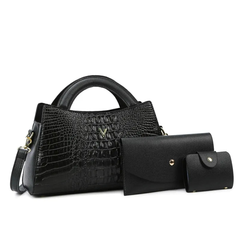 Damen Schultertasche in Lederoptik ⎜ Elegante Handtasche mit Krokoprägung und passendem Portemonnaie