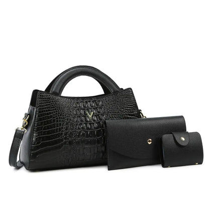 Damen Schultertasche in Lederoptik ⎜ Elegante Handtasche mit Krokoprägung und passendem Portemonnaie