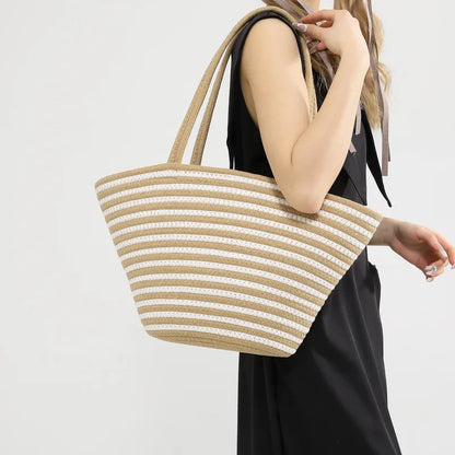 Strohtasche mit Kontraststreifen ⎜ Geräumige Tragetasche für Frühling, Markt und Stadtbummel