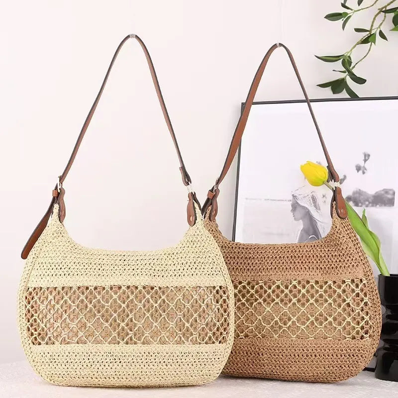 Große Strohtasche für Damen ⎜ Lässige Schultertasche mit weichem Griff für Sommer, Strand und Stadt