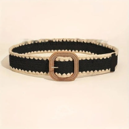 Breiter Strohgürtel mit Holzschließe ⎜ Elastisches Accessoire für Kleider, Urlaub und Strand